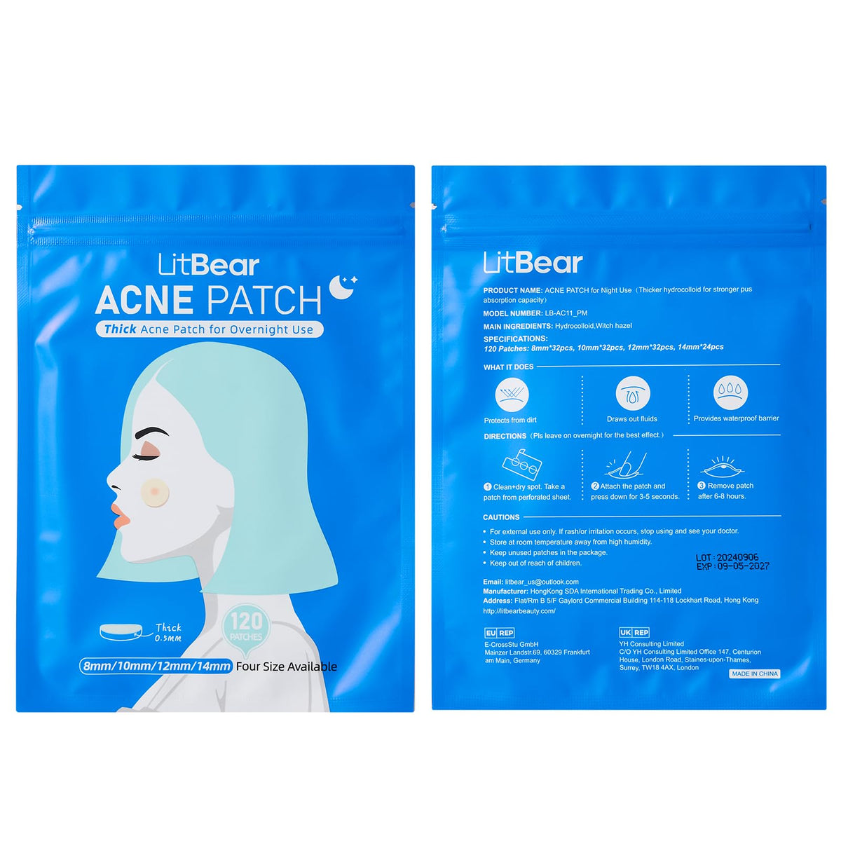 Open box of LitBear Acne Pimple Patches showing contents
