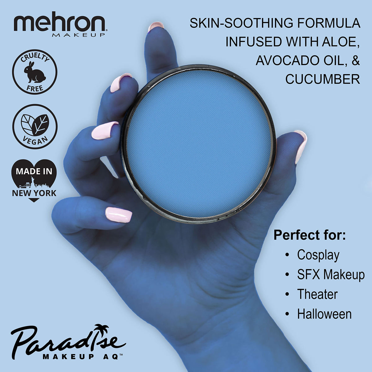 Open Mehron Makeup Paradise AQ Sky Blue Body Paint container