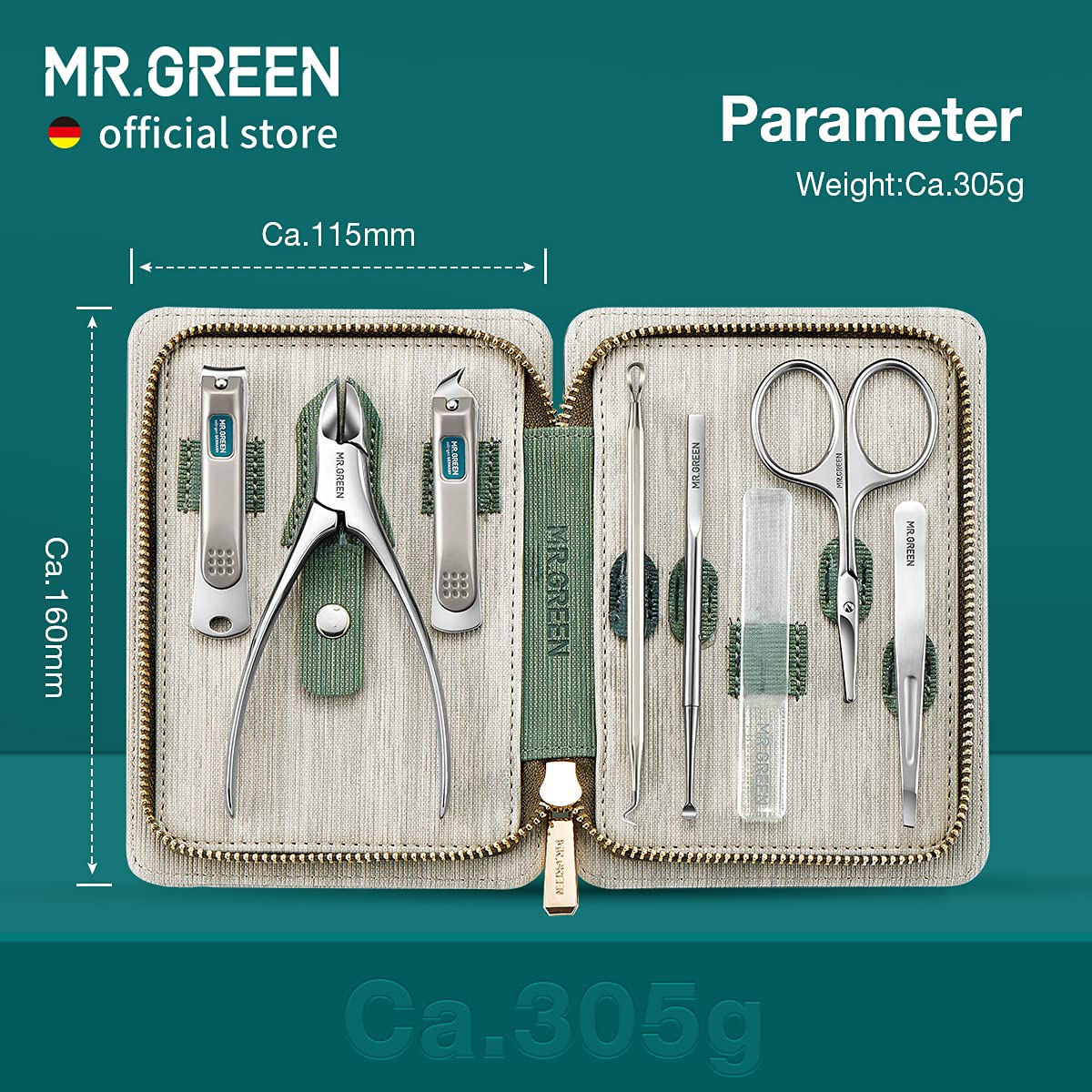 Open PU leather case showing MR.GREEN manicure tools
