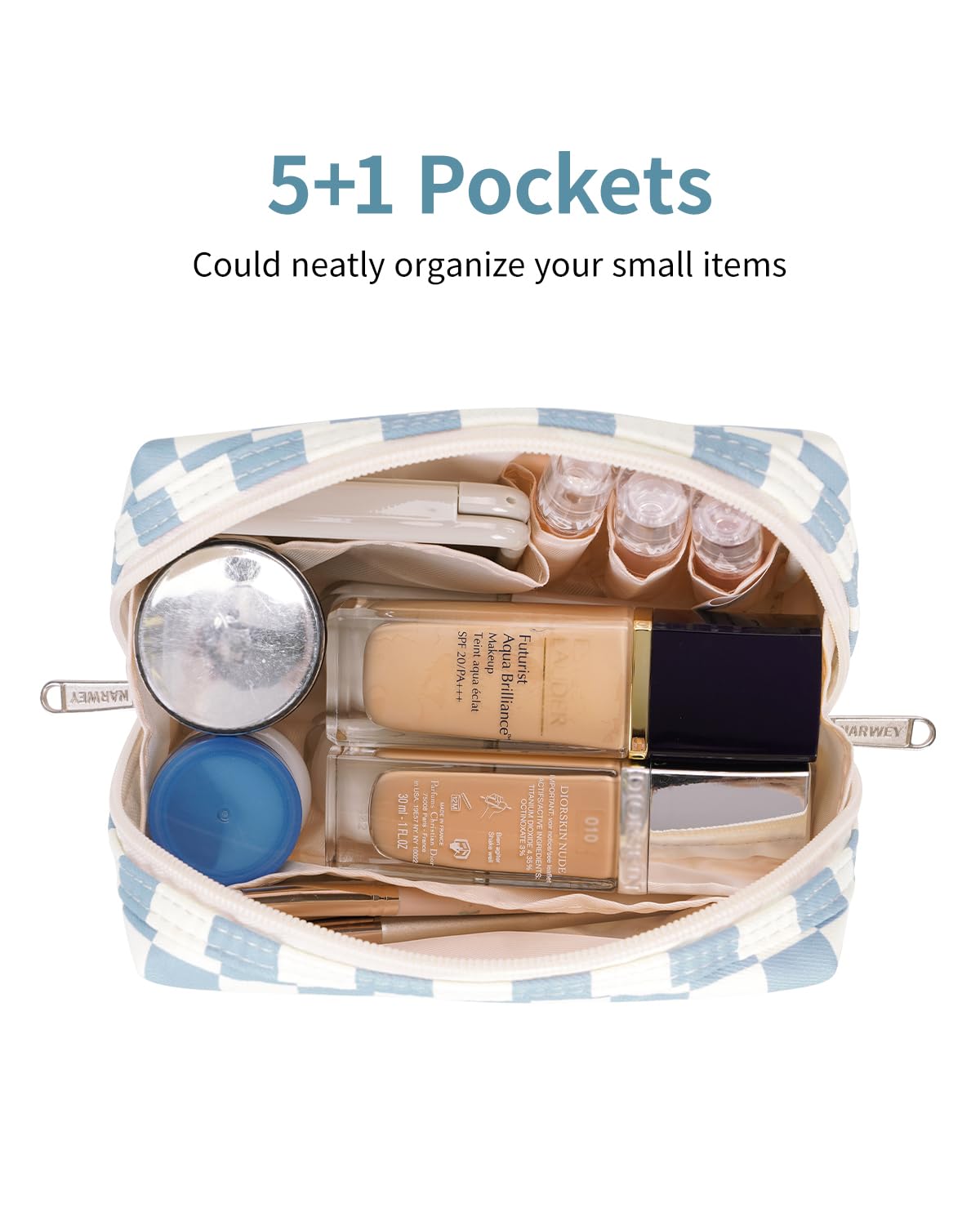 Open view of Narwey makeup bag showing inner pockets