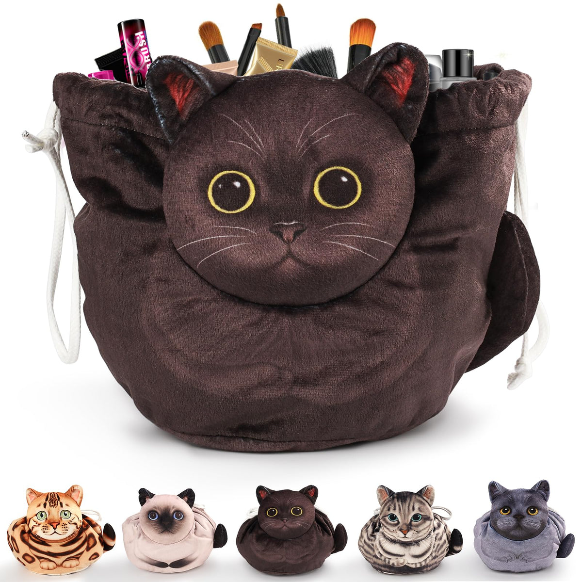 Openhahaha Cat Drawstring Makeup Bag front view with 3D cat design