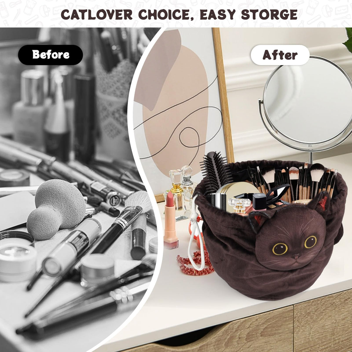 Openhahaha Cat Makeup Bag displayed on a dressing table