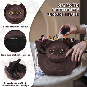 Openhahaha Cat Makeup Bag in a travel setting with cosmetics