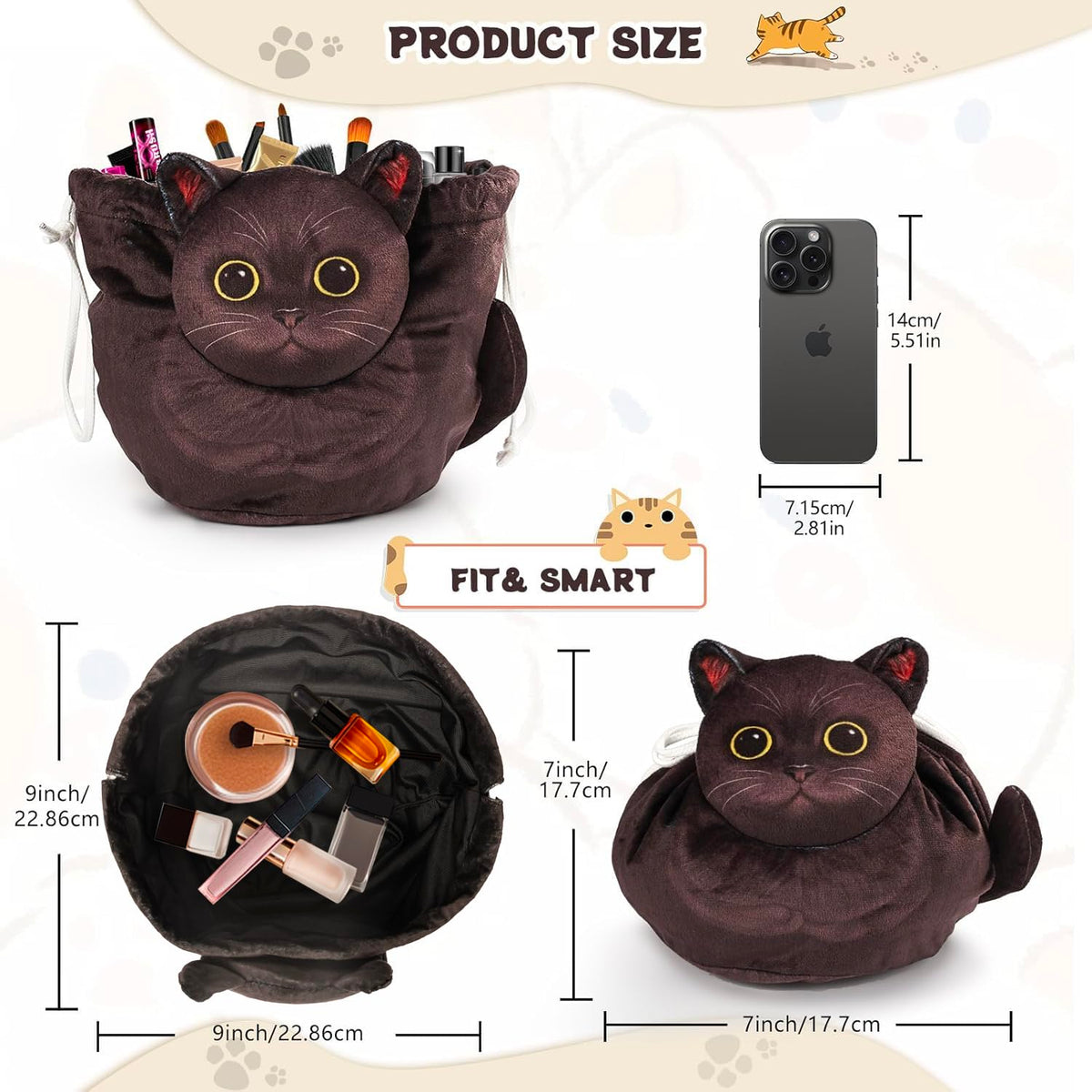 Openhahaha Cat Makeup Bag opened with cosmetics inside