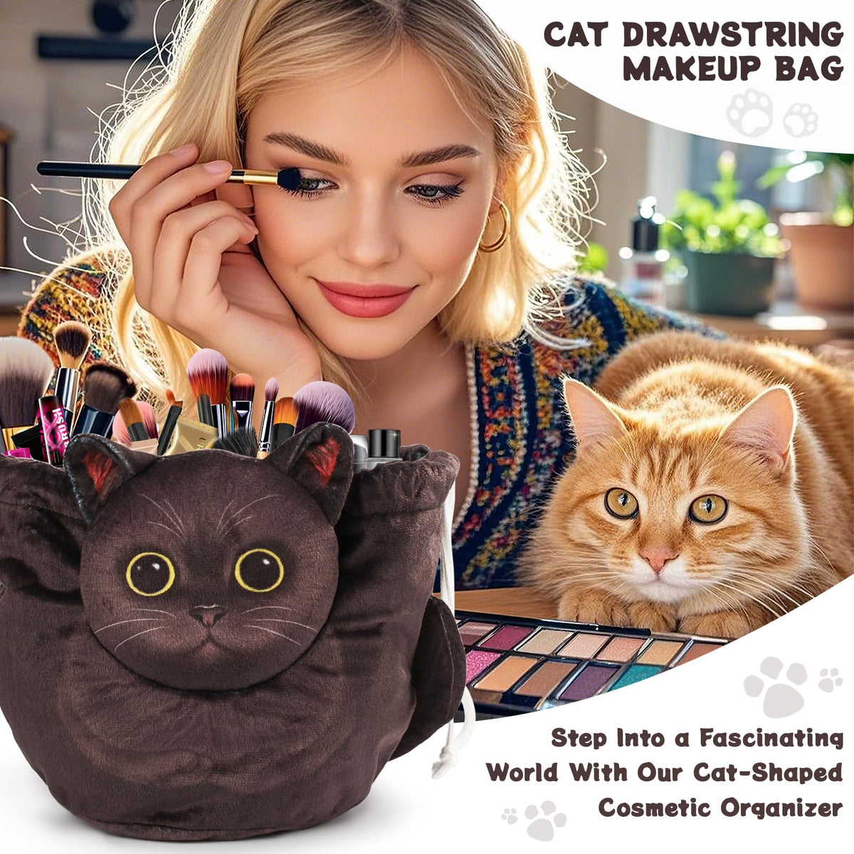 Openhahaha Cat Makeup Bag showing drawstring closure