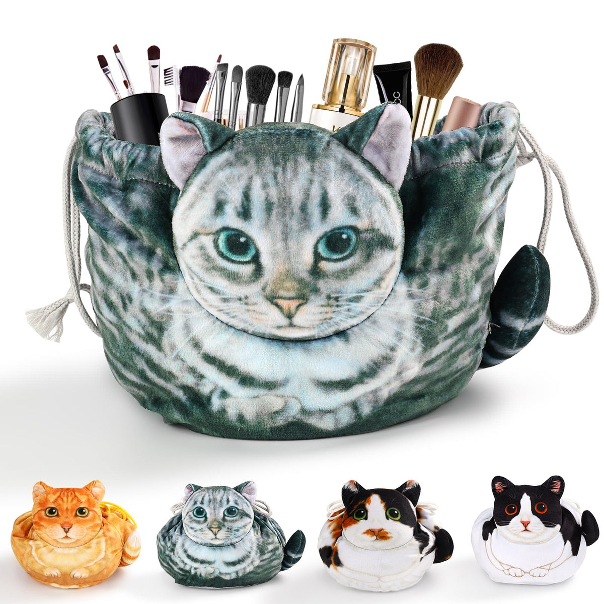 Openhahaha Cat Shaped Drawstring Makeup Bag front view in grey tabby design