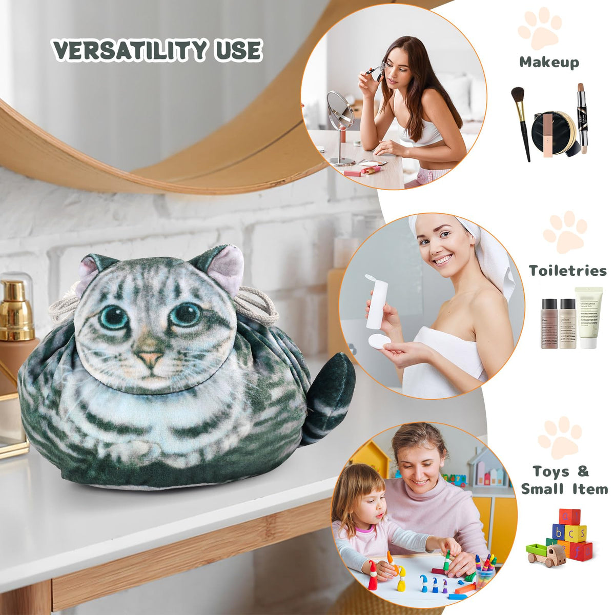 Openhahaha Cat Shaped Makeup Bag with small toys inside