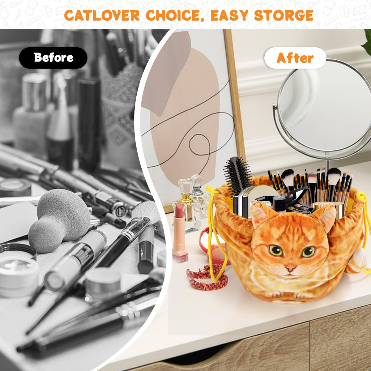 Openhahaha Drawstring Makeup Bag displayed with other cat-themed items