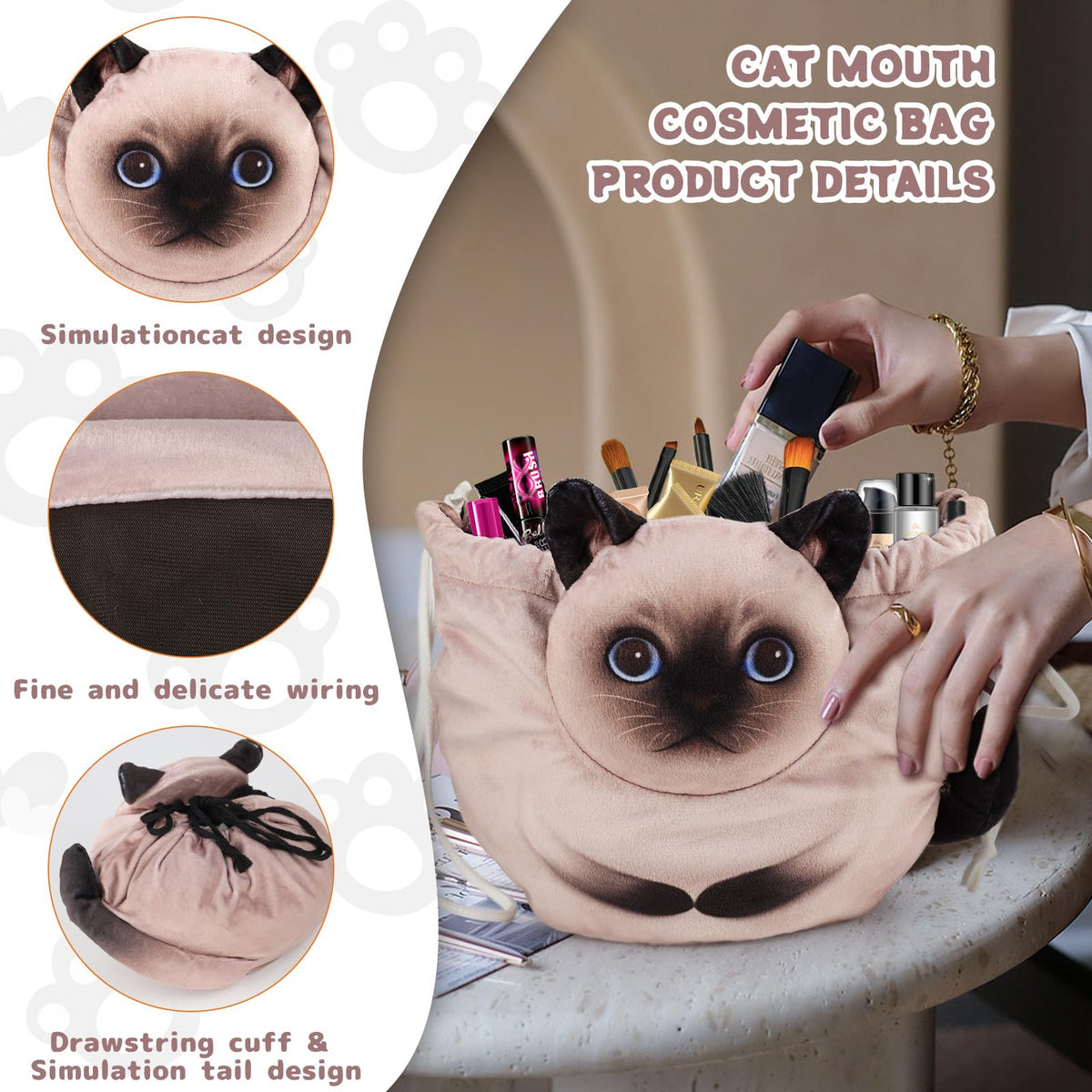 Openhahaha Drawstring Makeup Bag open with cosmetics inside