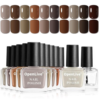 OpenLive 12Pcs Brown Nail Polish Set with base and top coat