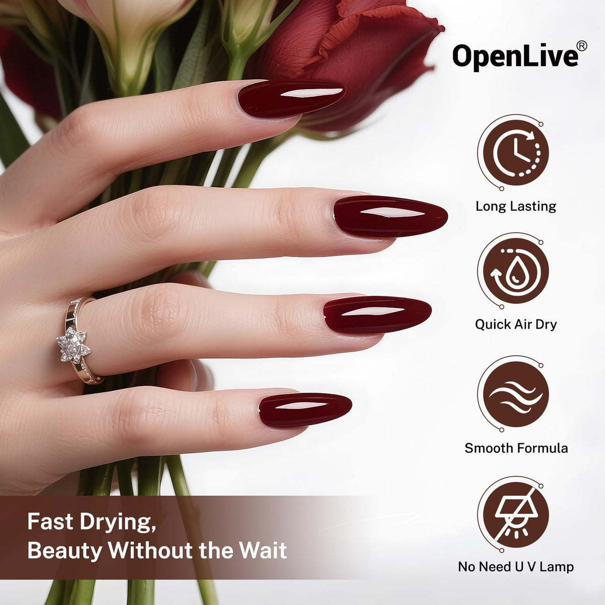 OpenLive 16.5ml Brown Nail Polish in a manicure setting