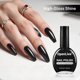 OpenLive Black Nail Polish 16.5ml on a nail art display