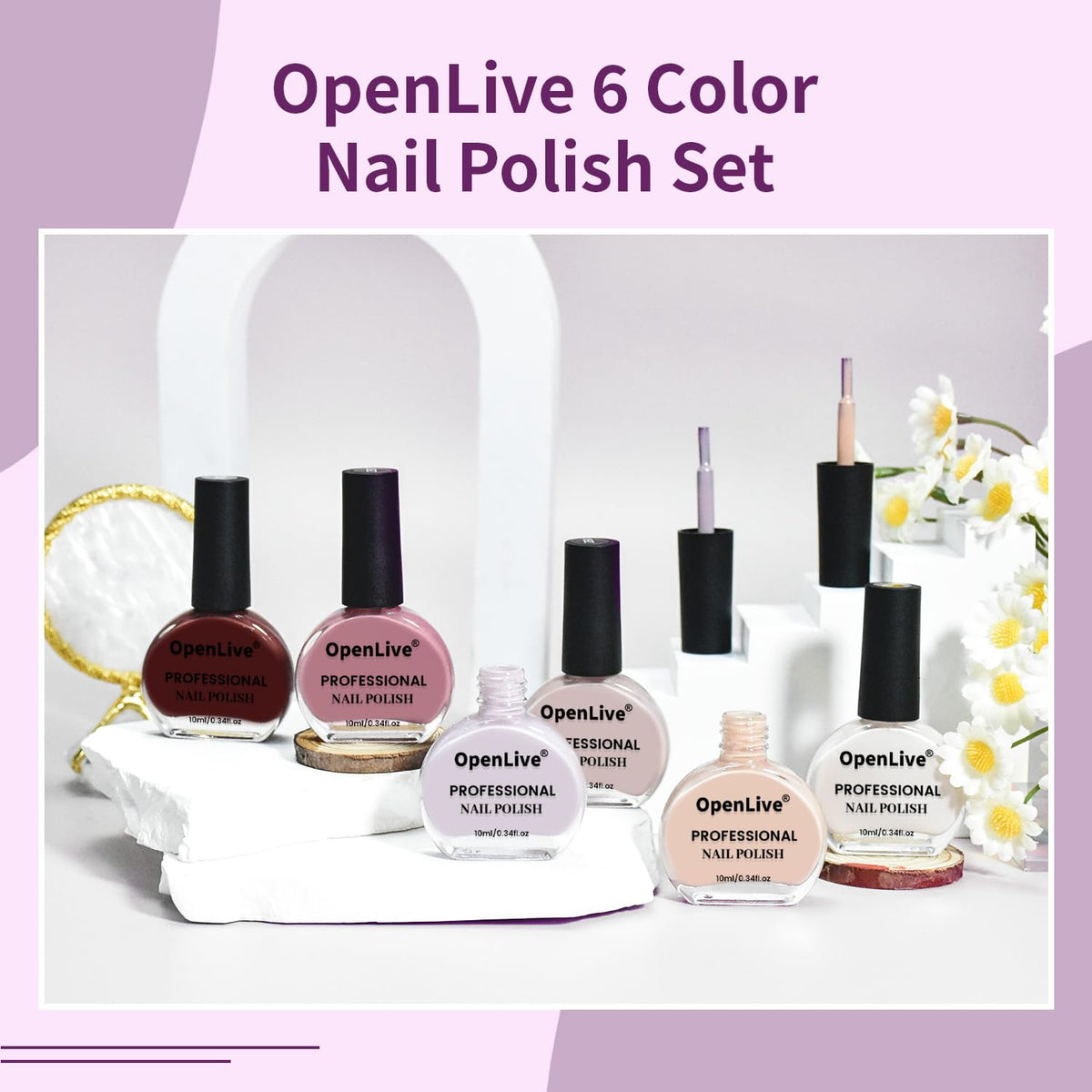 OpenLive nail polish set displayed with a stylish background