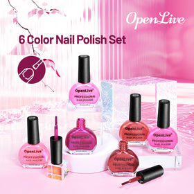 OpenLive nail polish set showing all six vibrant colours
