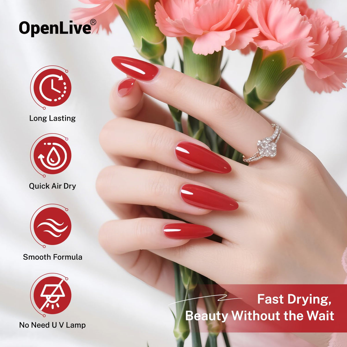OpenLive Red Nail Polish on a manicure table
