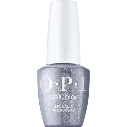 OPI GelColor Nails the Runway opaque silver shimmer bottle front view