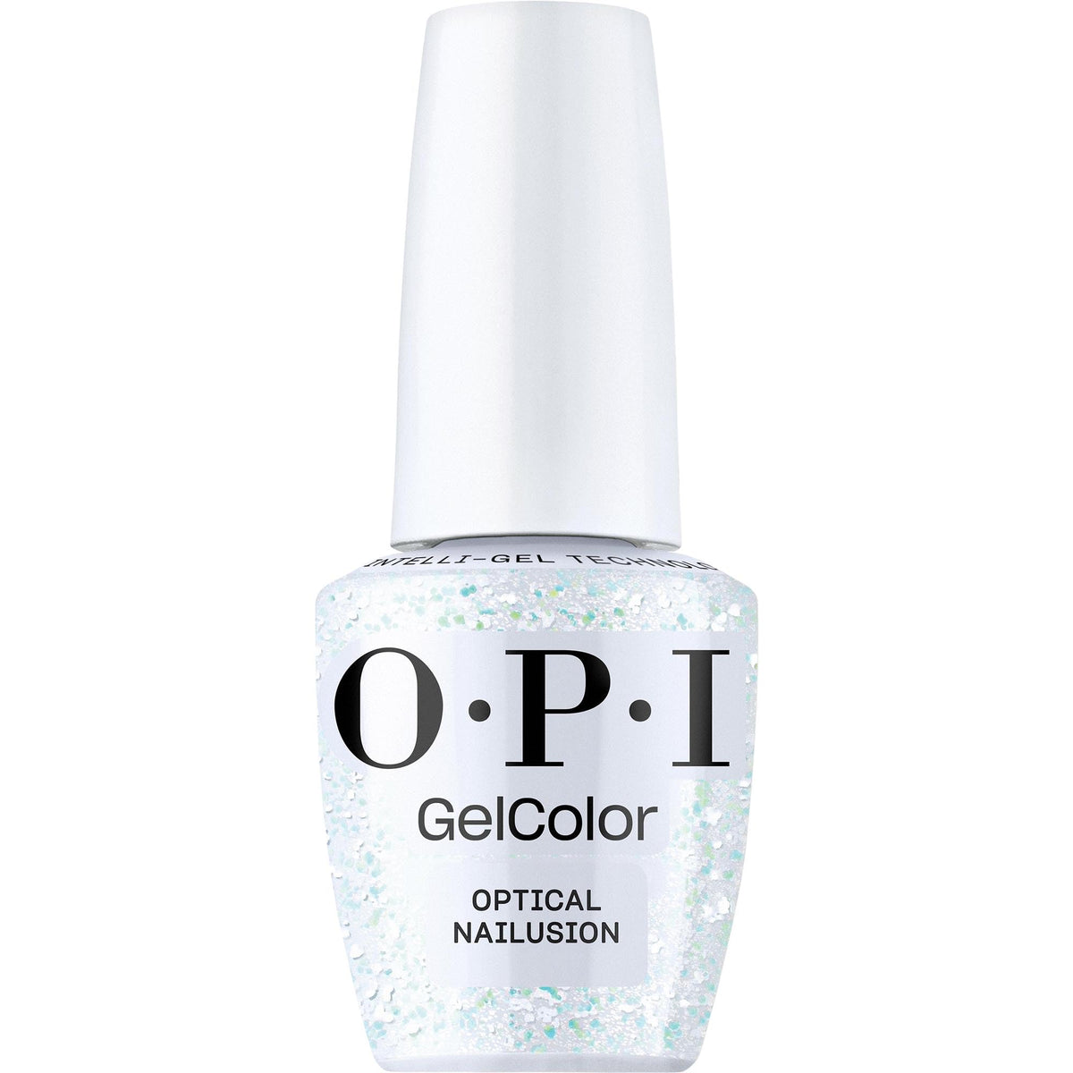 OPI GelColor Optical Nailusion front view with iridescent glitter