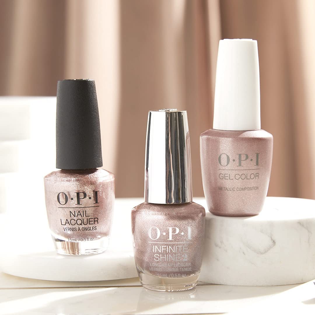 OPI Nail Lacquer Metallic Composition sheer light pink bottle side view