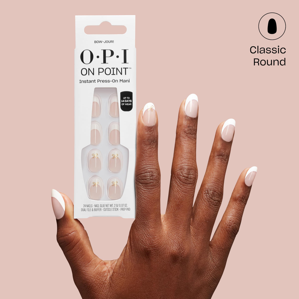 OPI On Point Bow-jour! nails displayed with nail glue