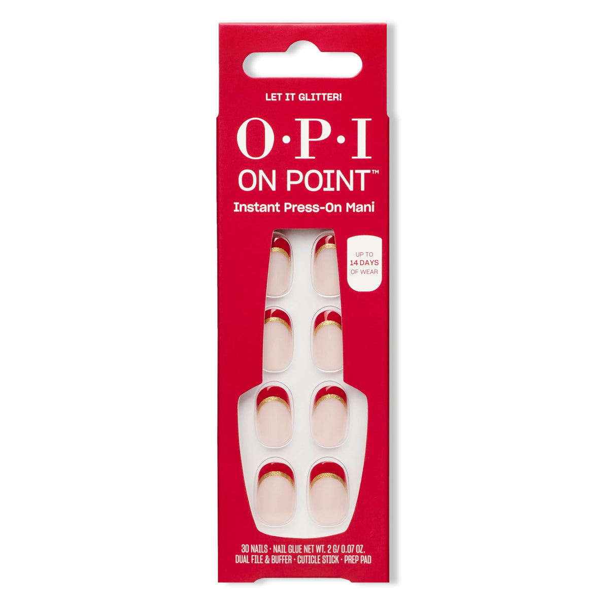 OPI On Point Let it Glitter! short round gold and red glitter press on nails front view