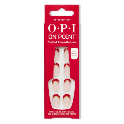 OPI On Point Let it Glitter! short round gold and red glitter press on nails front view