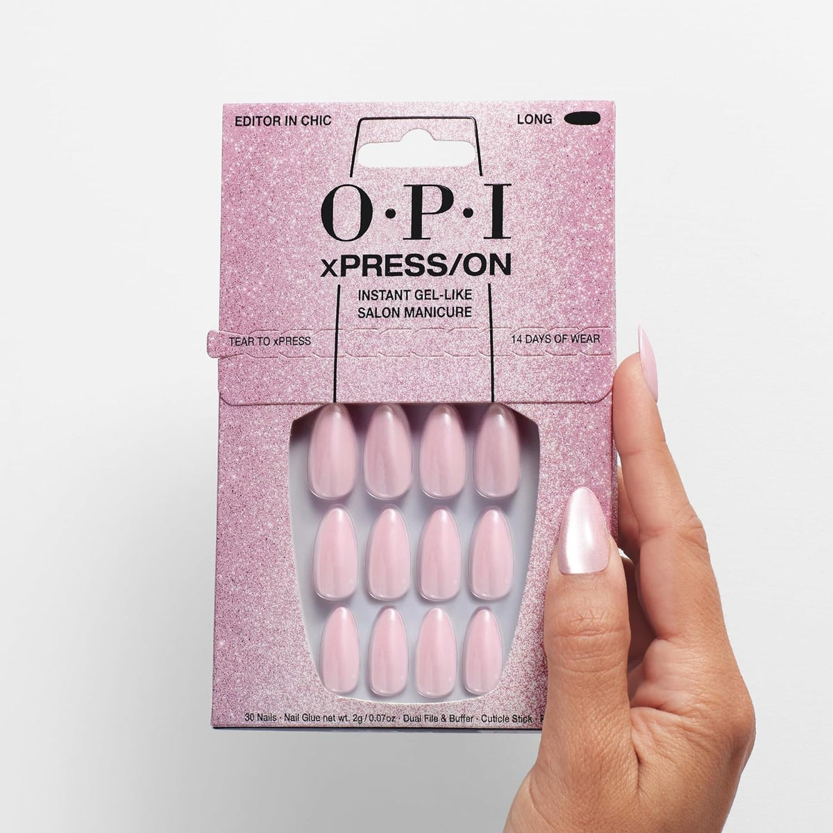 OPI xPRESS/ON packaging with Velvet Pink nails