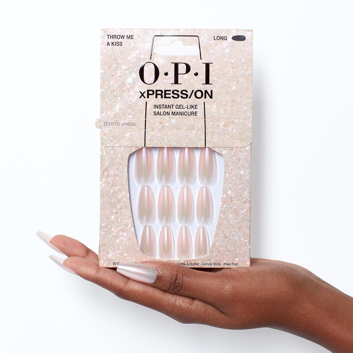 OPI xPRESS/ON Throw Me a Kiss nails showing multiple sizes