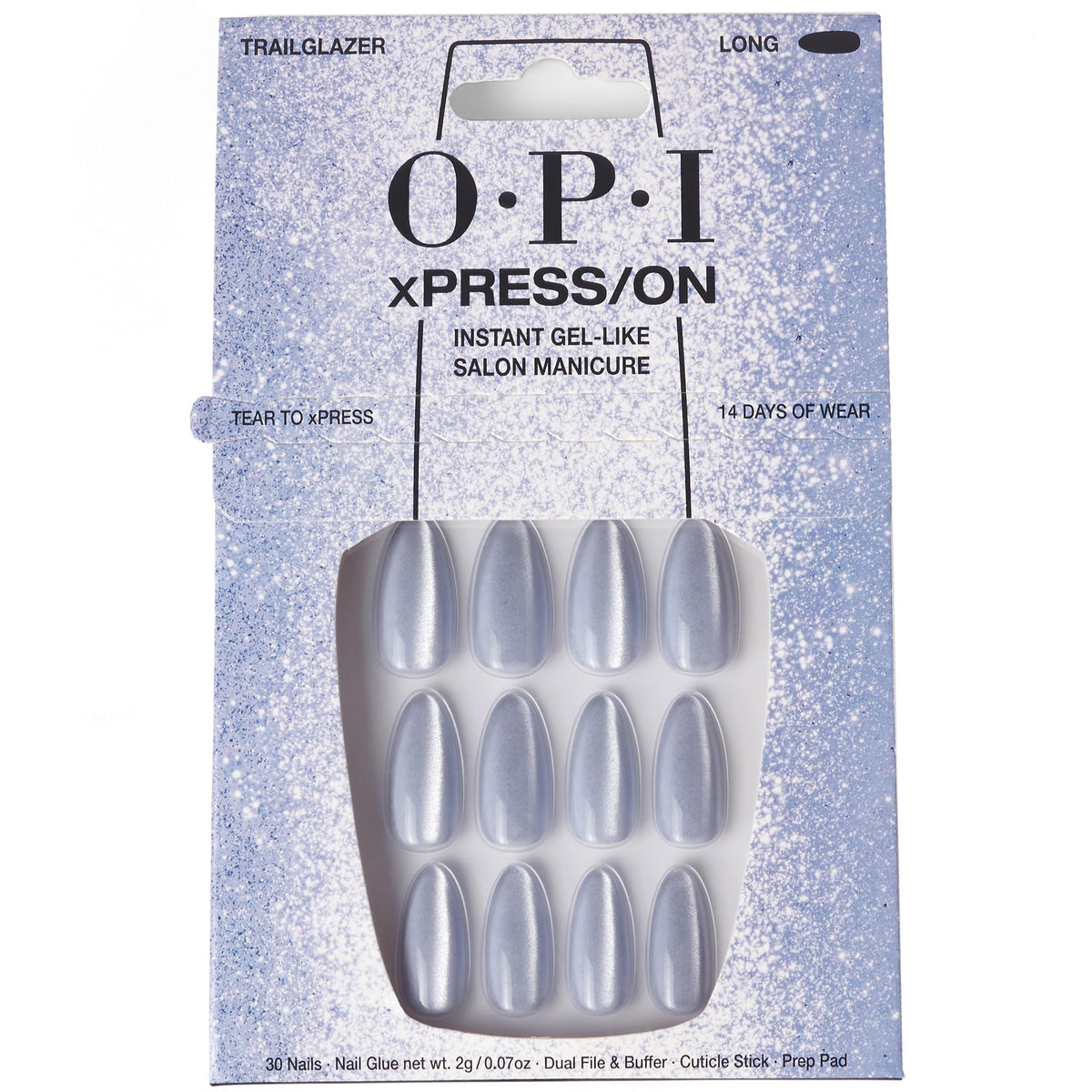 OPI xPRESS/ON Velvet Blue Long Almond Press On Nails front view