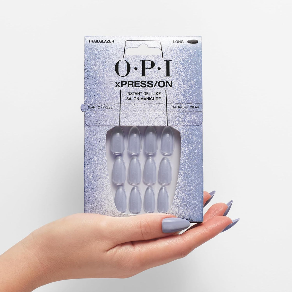 OPI xPRESS/ON Velvet Blue nails applied on hands
