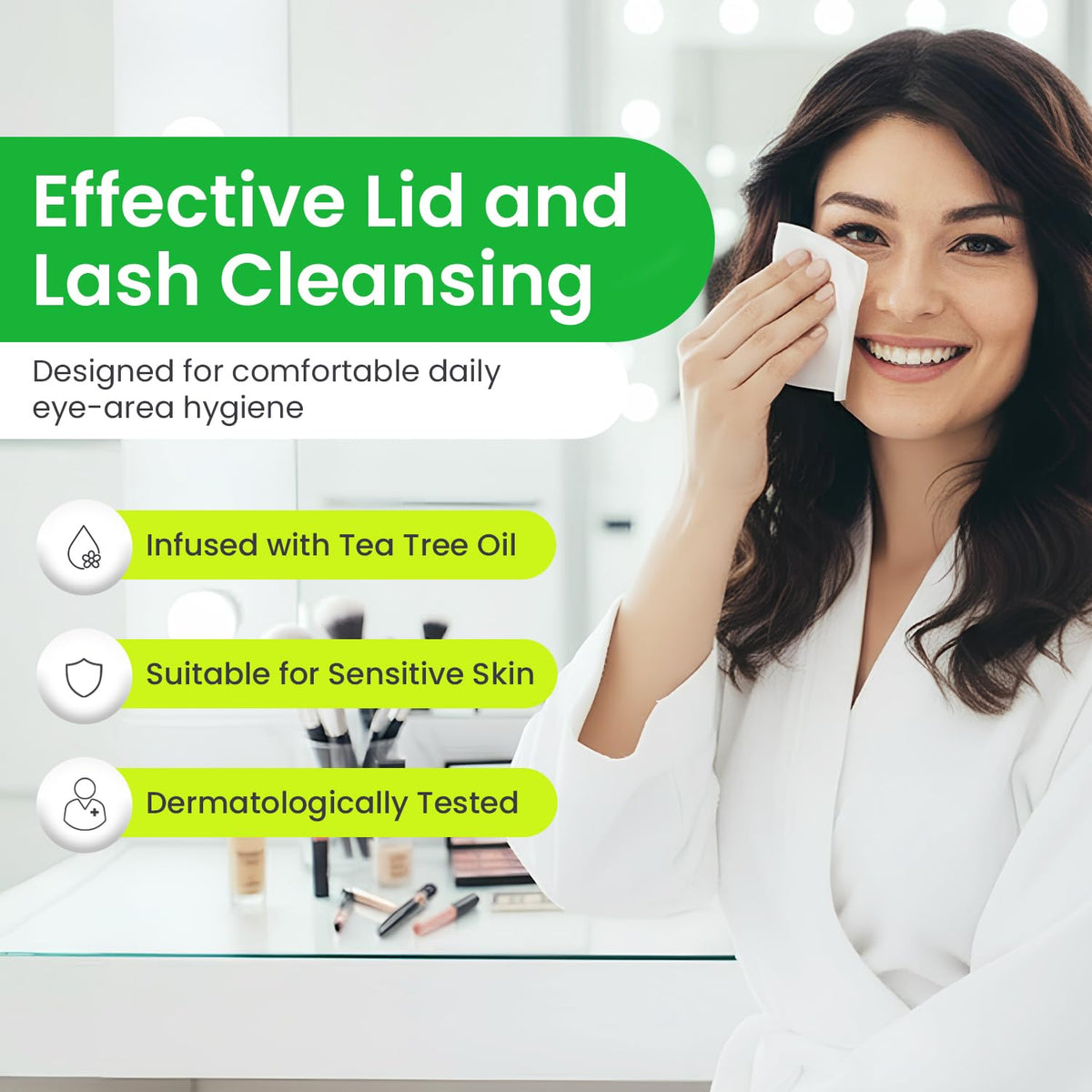 Optase Eyelid Cleansing Wipes displayed with tea tree oil
