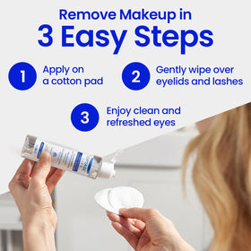 Optase Life Sensitive Eye Makeup Remover 100ml used on a cotton pad