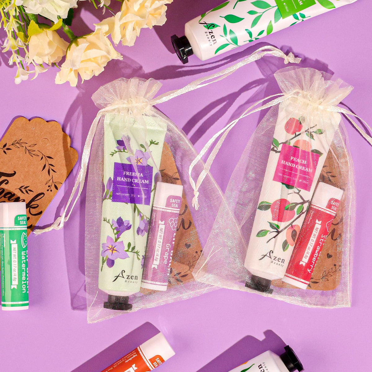 Organza bag with AZEN hand cream and lip balm