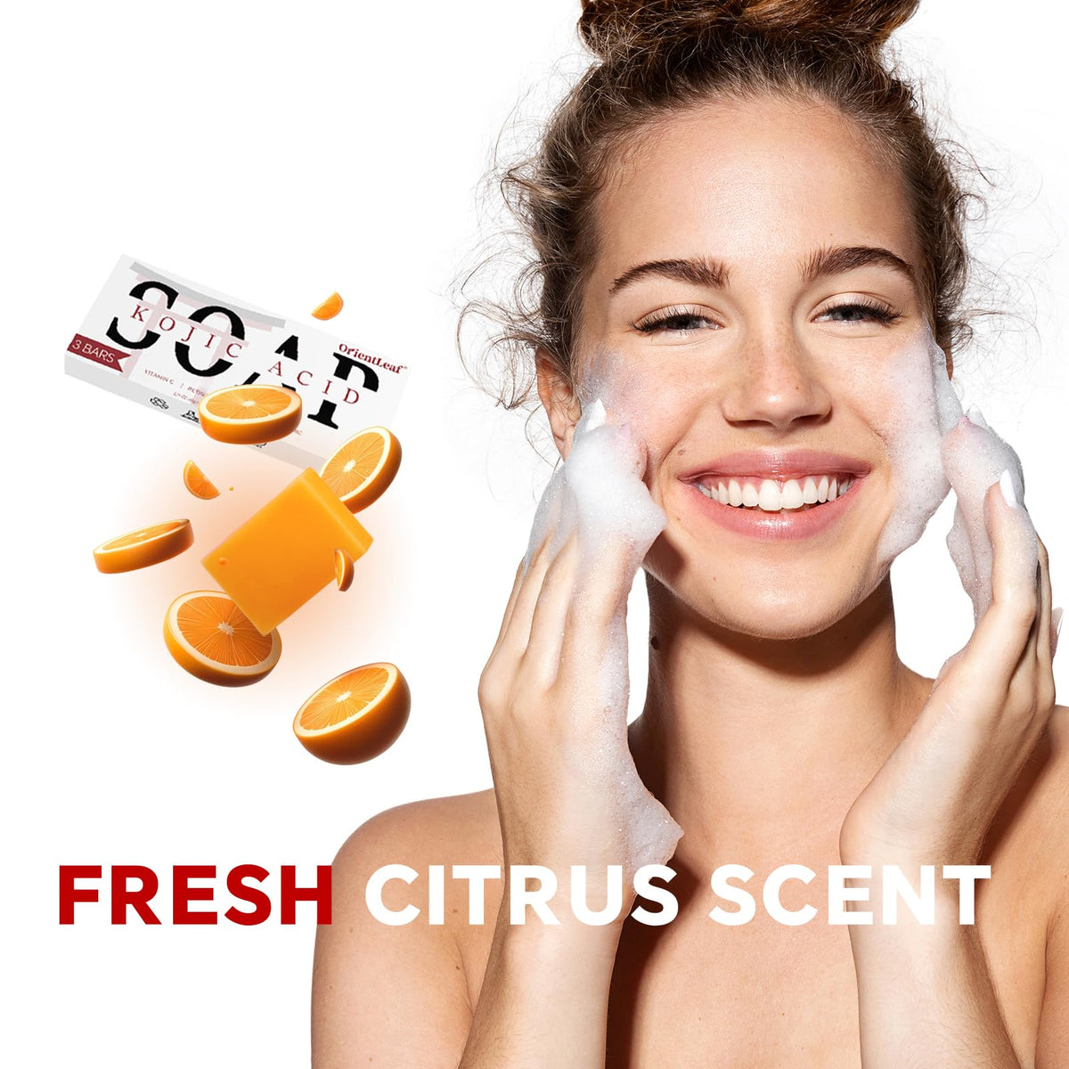 ORIENTLEAF Kojic Acid Soap Bar alongside skincare products