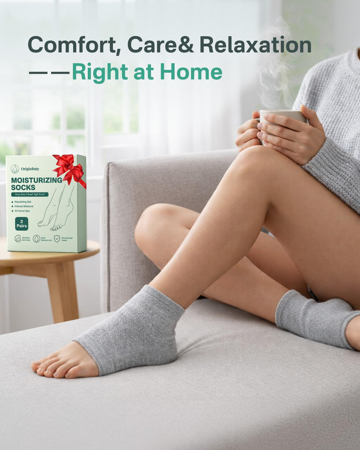 Originbuty moisturizing socks displayed with foot care products