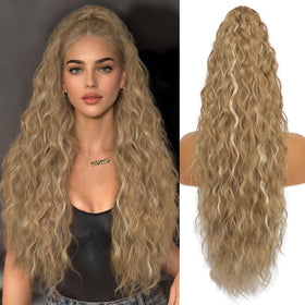 ORSUNCER 30" Curly Ponytail Extension front view, blonde highlight
