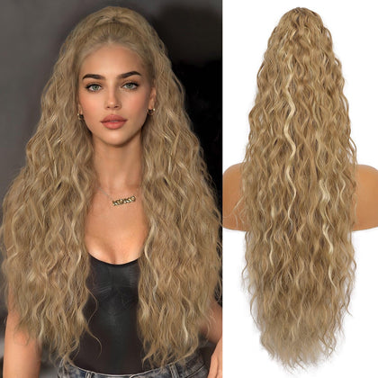 ORSUNCER 30" Curly Ponytail Extension front view, blonde highlight