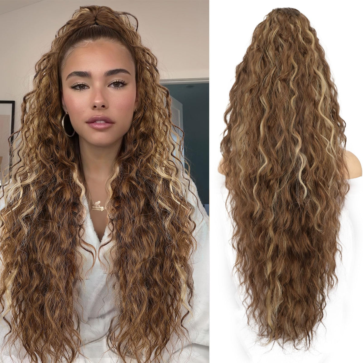 ORSUNCER 30" Curly Ponytail Extension front view in light brown