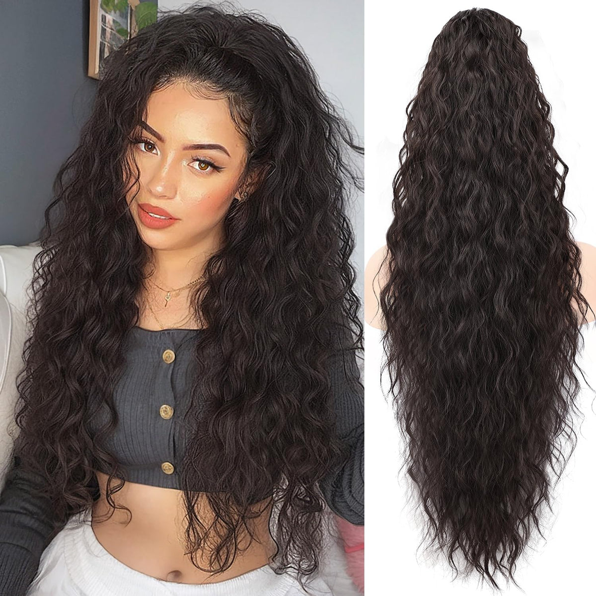 ORSUNCER 30-inch Claw Long Wavy Ponytail Extension in Black Brown