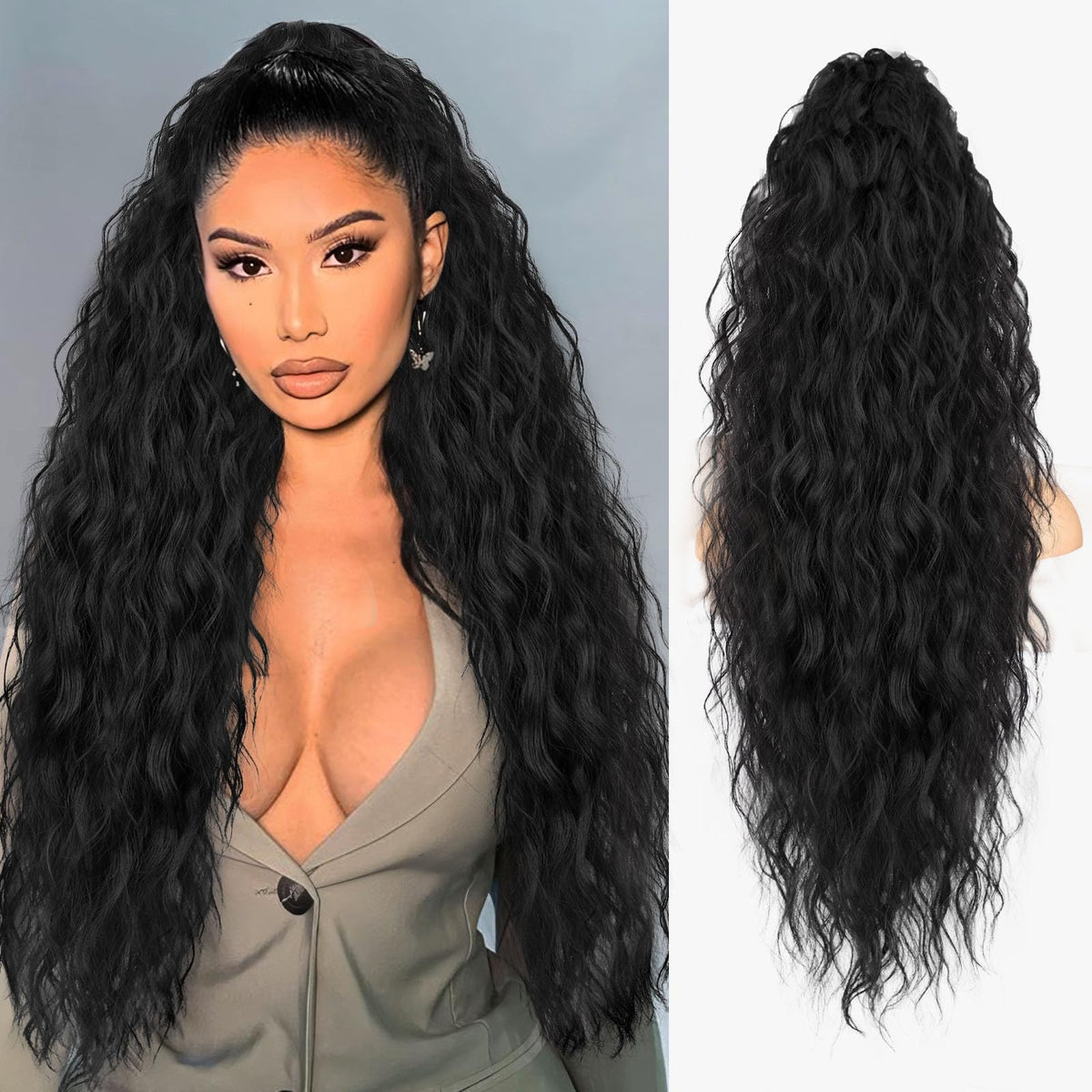 ORSUNCER 30-inch curly ponytail extension front view in black