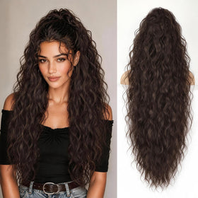 ORSUNCER Wavy Ponytail Extension 30 inch curly dark brown front view