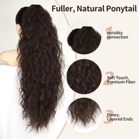 ORSUNCER Wavy Ponytail Extension 30 inch curly dark brown side view