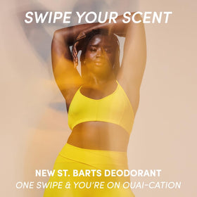 OUAI Aluminum Free Deodorant St. Barts on a bathroom shelf