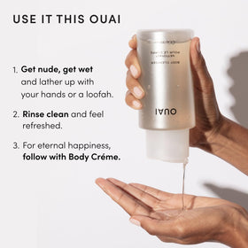 OUAI Body Cleanser bottle close-up showing pump top