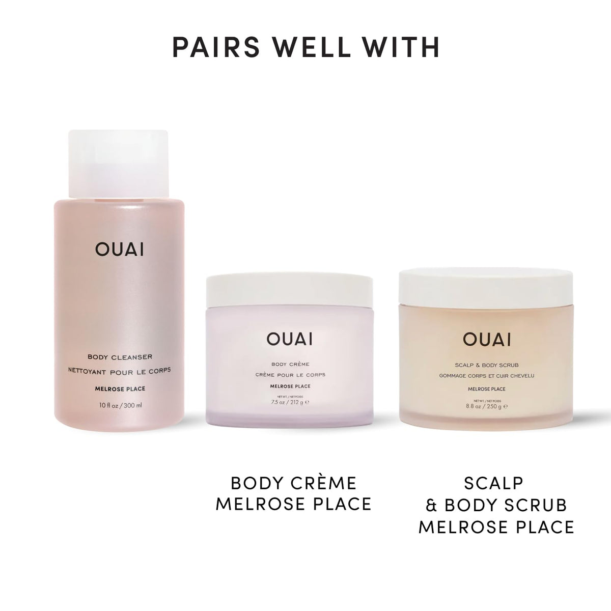 OUAI Body Cleanser Melrose Place travel size next to toiletries