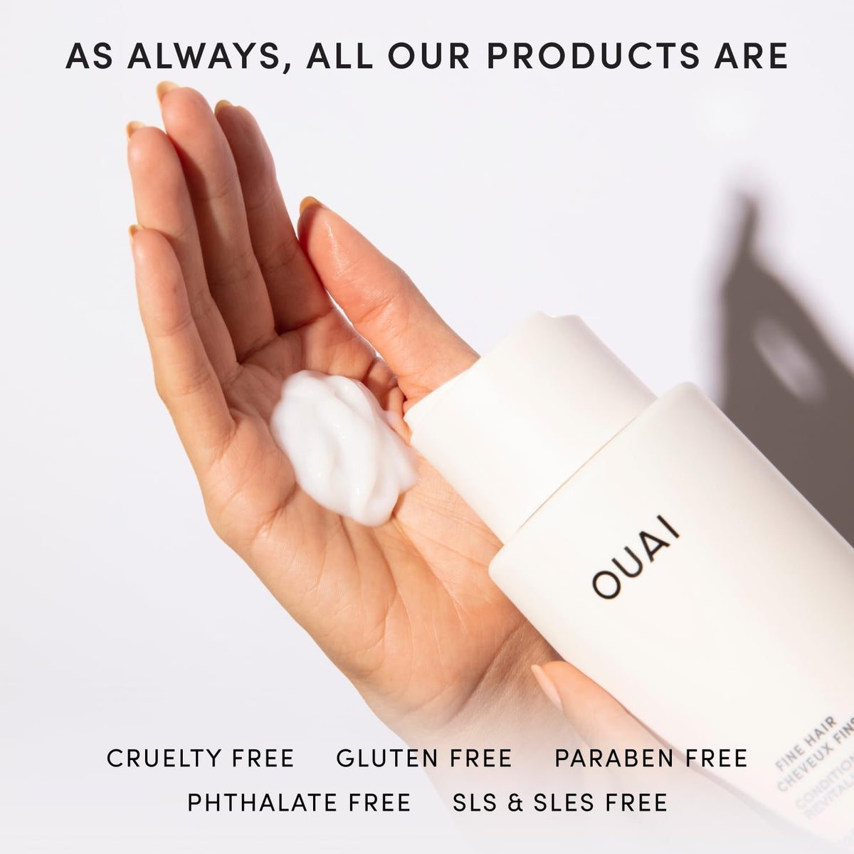 OUAI Fine Hair Conditioner 3 oz on a bathroom shelf