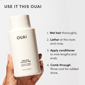 OUAI Fine Shampoo and Conditioner Set on a bathroom shelf