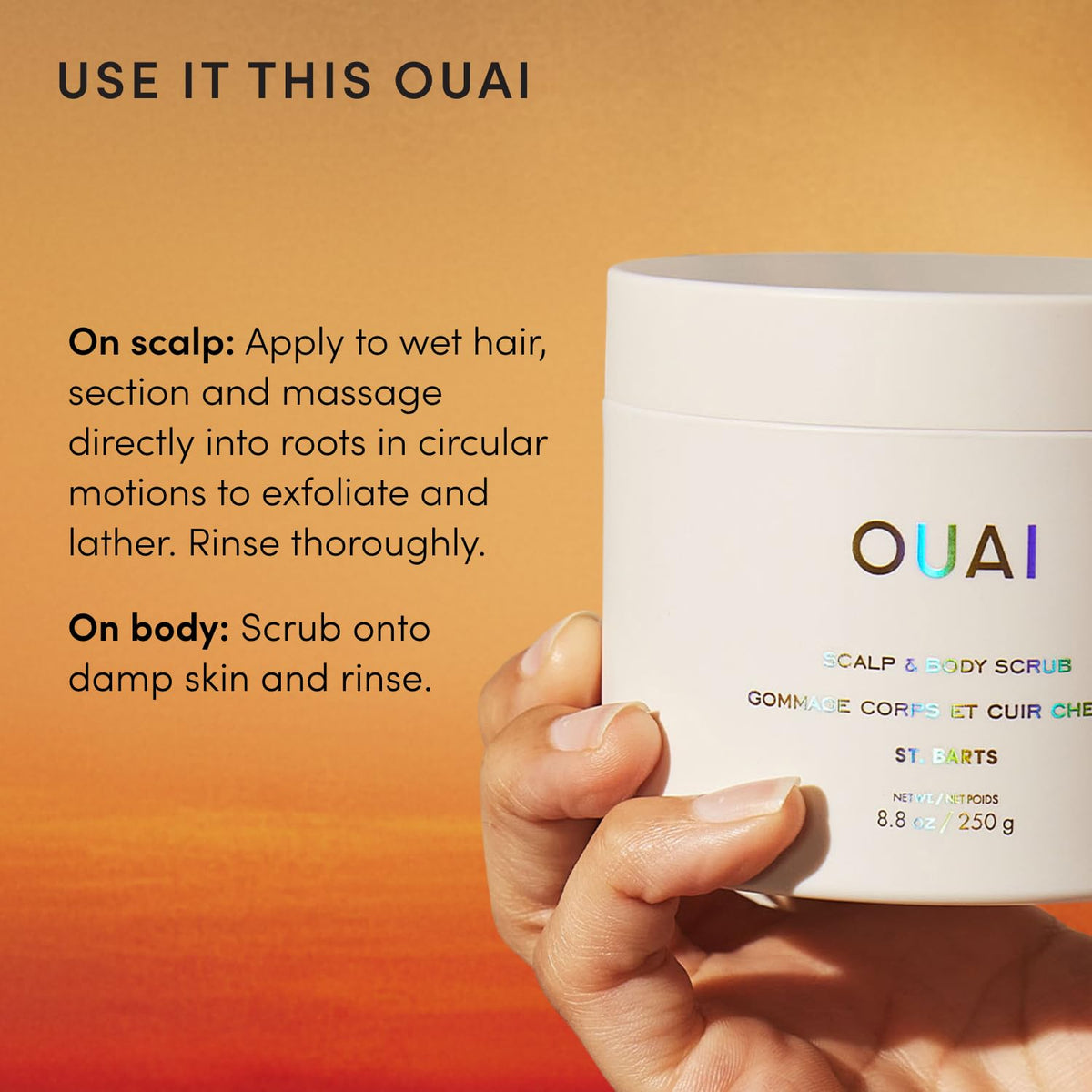 OUAI Scalp & Body Scrub 3.4 Oz St. Barts on bathroom counter