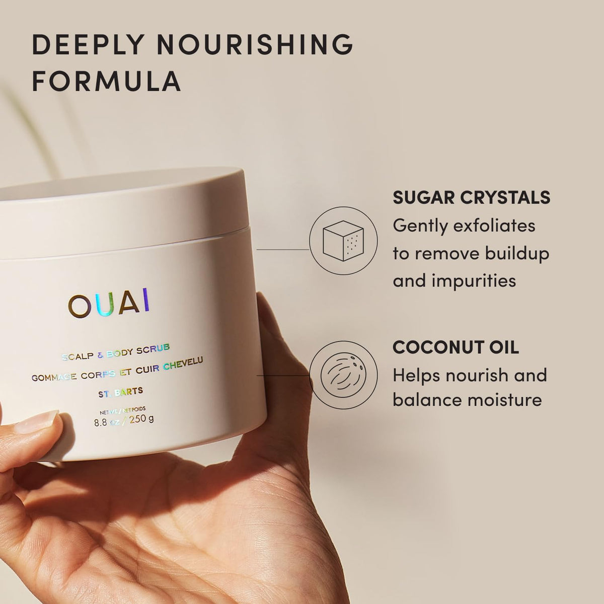 OUAI Scalp & Body Scrub St. Barts 8.8 Oz in lifestyle setting