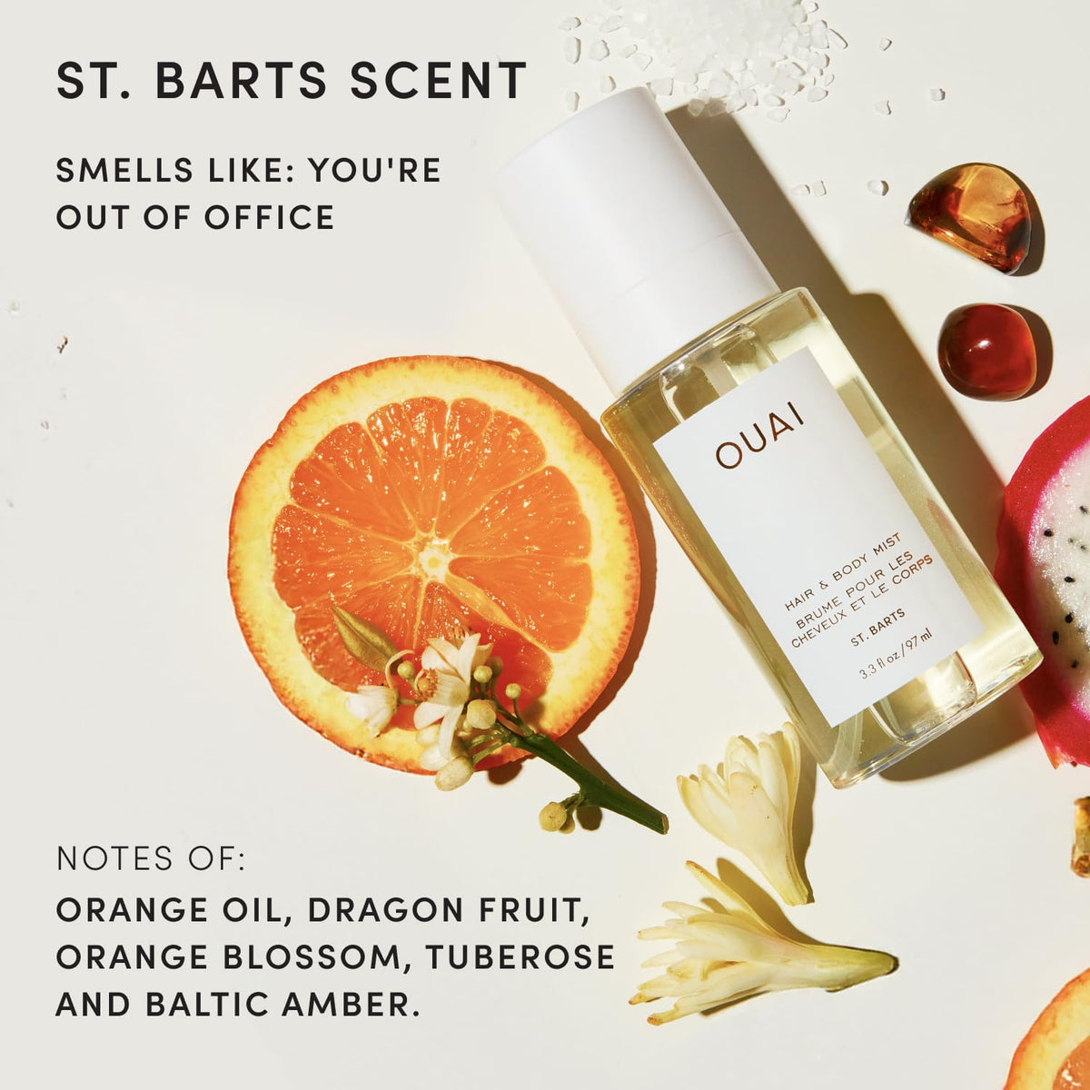 OUAI St. Barts Hair and Body Mist with tropical background
