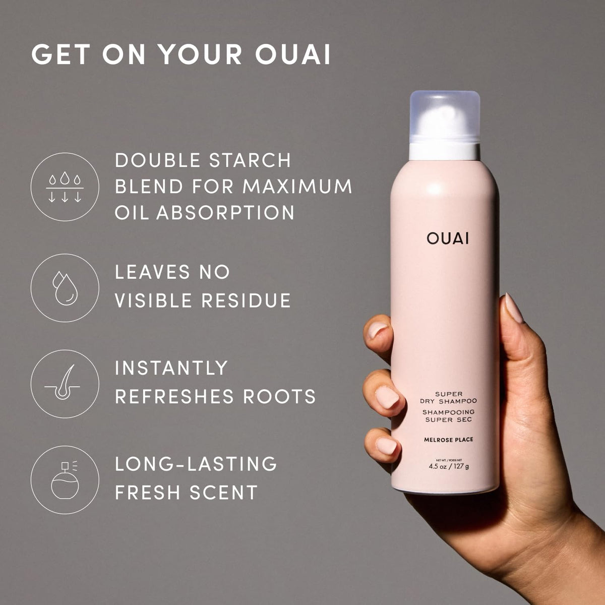 OUAI Super Dry Shampoo side view showing can design